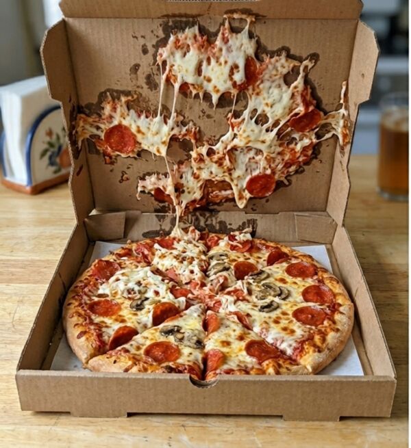 Pizza rovinata senza salva pizza - formaggio attaccato al cartone